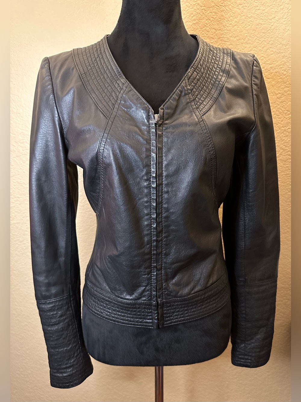 Classic Black Women's Leather Jacket with Quilted Detailing